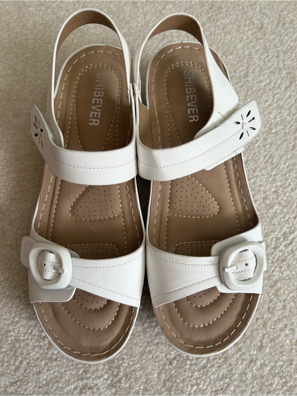 White leather wedge sandals with memory  foam insole. Never worn.